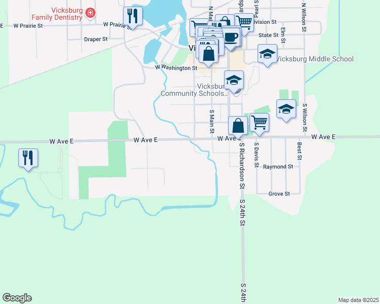map of restaurants, bars, coffee shops, grocery stores, and more near 201 West Highway Street in Vicksburg