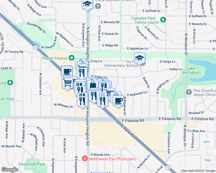 map of restaurants, bars, coffee shops, grocery stores, and more near 372 East Circle Hill Drive in Arlington Heights