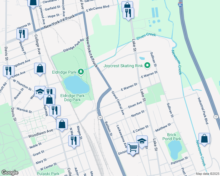 map of restaurants, bars, coffee shops, grocery stores, and more near 1500 New York 14 Truck in Elmira