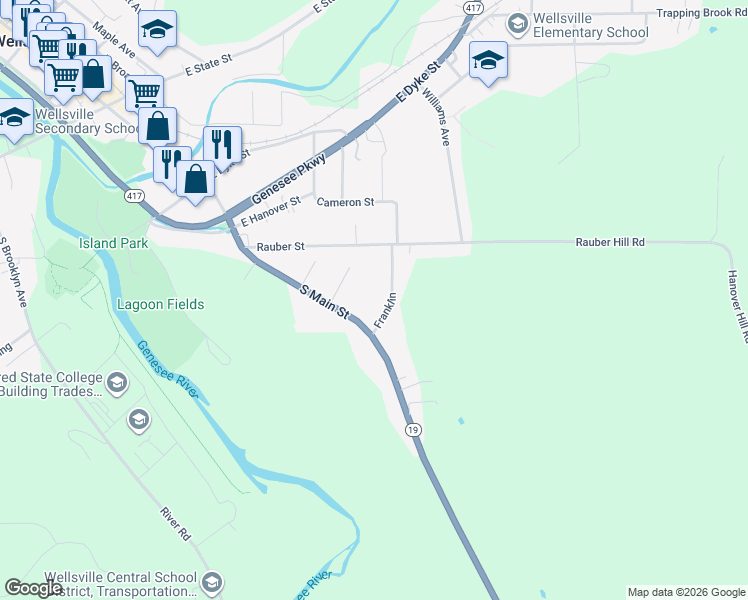 map of restaurants, bars, coffee shops, grocery stores, and more near 47 South Franklin Street in Wellsville