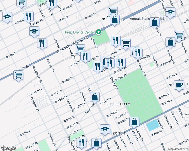 map of restaurants, bars, coffee shops, grocery stores, and more near 661 West 17th Street in Erie