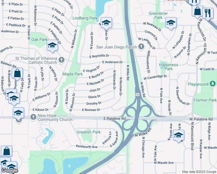 map of restaurants, bars, coffee shops, grocery stores, and more near 1448 Joan Drive in Palatine