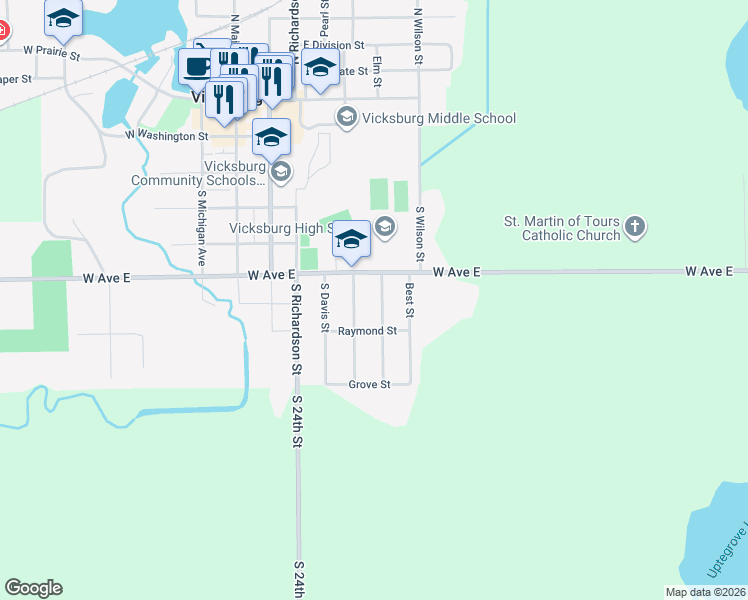 map of restaurants, bars, coffee shops, grocery stores, and more near 609 Adams Street in Vicksburg