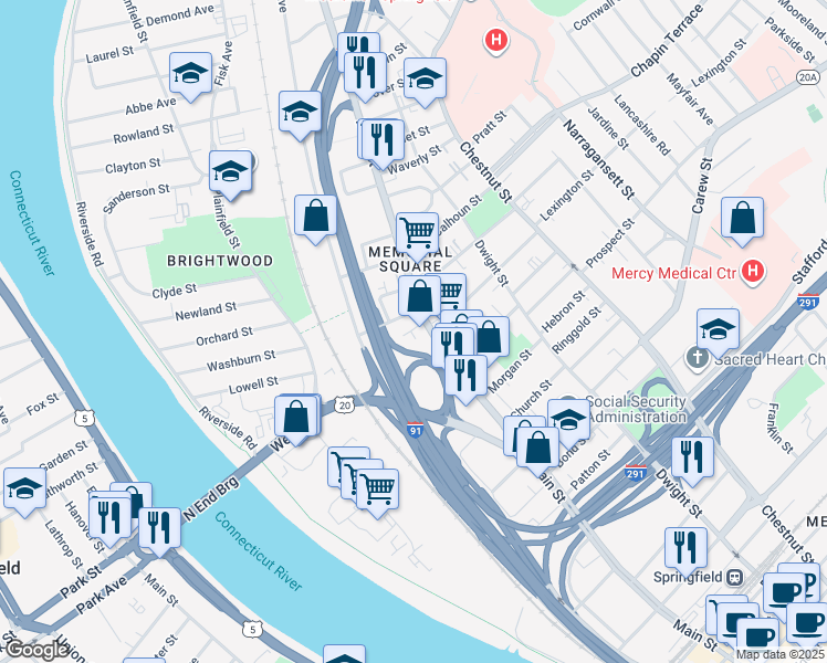 map of restaurants, bars, coffee shops, grocery stores, and more near 2595 Main Street in Springfield