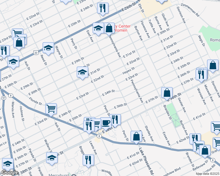 map of restaurants, bars, coffee shops, grocery stores, and more near in Erie