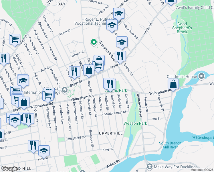 map of restaurants, bars, coffee shops, grocery stores, and more near 46-48 Dearborn Street in Springfield