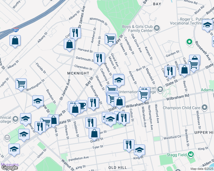 map of restaurants, bars, coffee shops, grocery stores, and more near 12 Mcknight Street in Springfield
