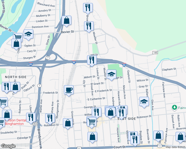 map of restaurants, bars, coffee shops, grocery stores, and more near 118 Broad Avenue in Binghamton