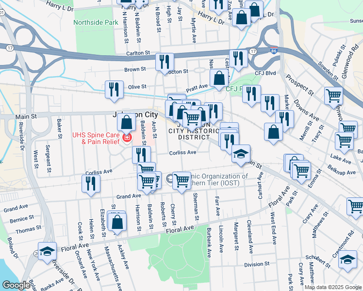 map of restaurants, bars, coffee shops, grocery stores, and more near 23 Lewis Street in Johnson City