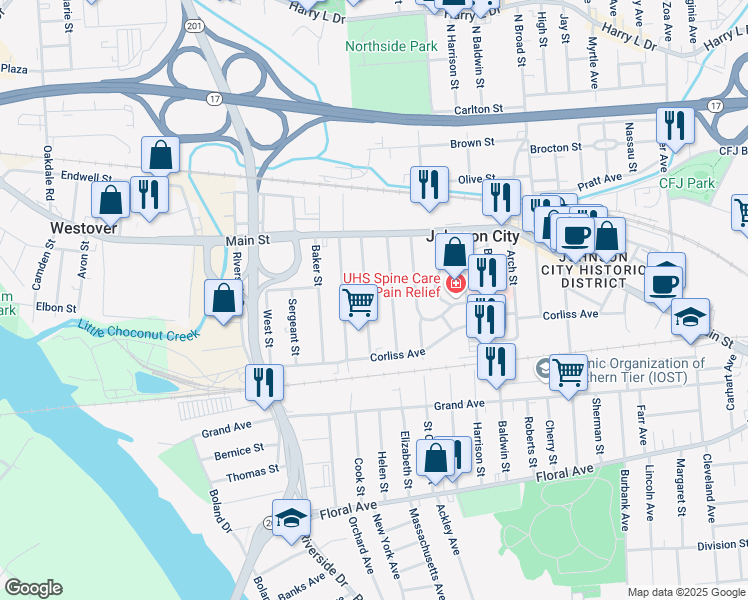 map of restaurants, bars, coffee shops, grocery stores, and more near 51 Albert Street in Johnson City