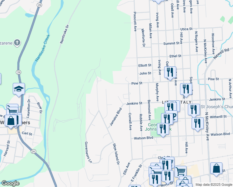 map of restaurants, bars, coffee shops, grocery stores, and more near 301 Nantucket Drive in Endicott