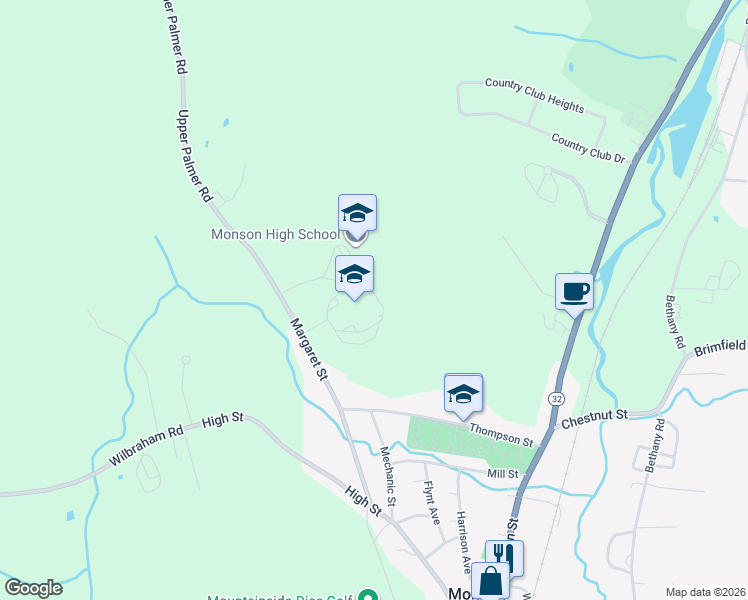 map of restaurants, bars, coffee shops, grocery stores, and more near 43 Margaret Street in Monson