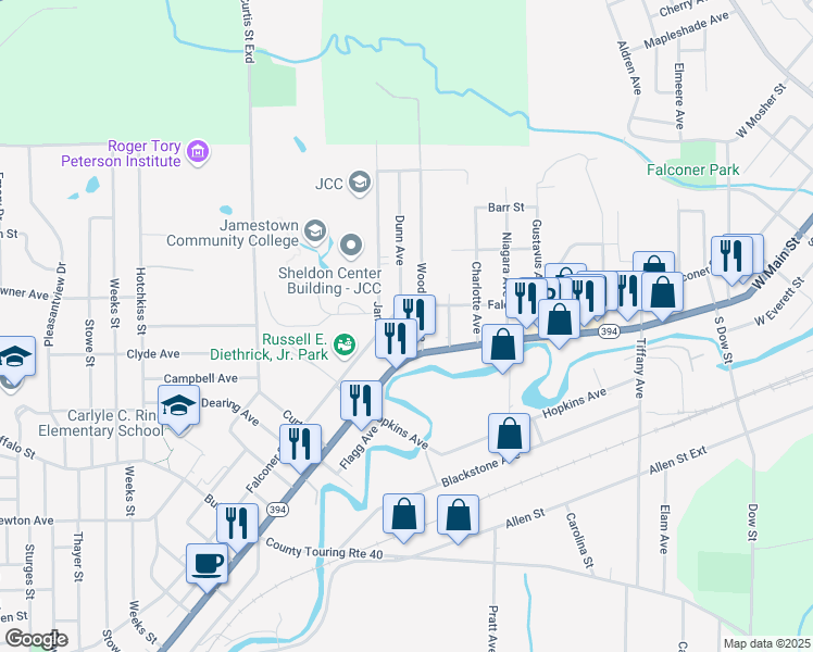 map of restaurants, bars, coffee shops, grocery stores, and more near 1267 East 2nd Street in Jamestown