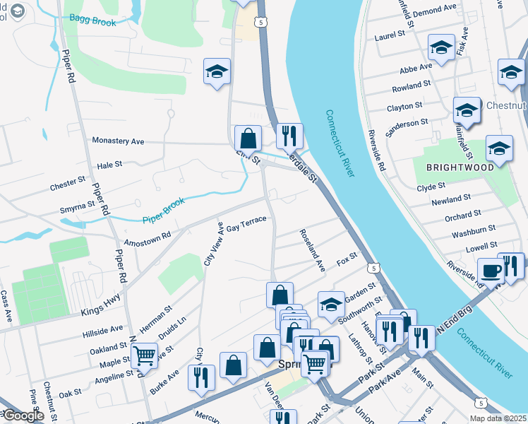 map of restaurants, bars, coffee shops, grocery stores, and more near 705 Elm Street in West Springfield