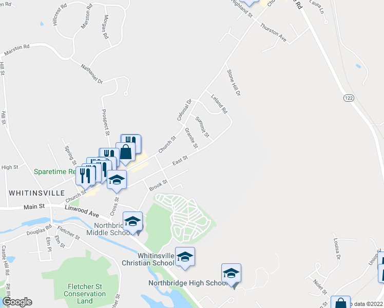 map of restaurants, bars, coffee shops, grocery stores, and more near 94 East Street in Northbridge