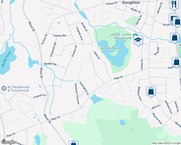 map of restaurants, bars, coffee shops, grocery stores, and more near 95 Hunt Drive in Stoughton