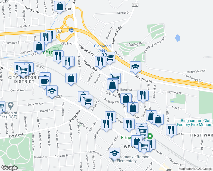 map of restaurants, bars, coffee shops, grocery stores, and more near 19 Miles Street in Binghamton