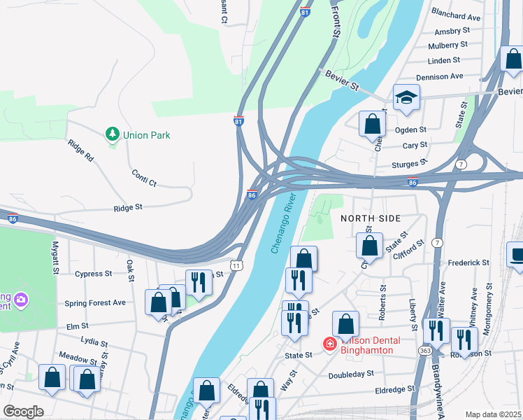 map of restaurants, bars, coffee shops, grocery stores, and more near 365-465 New York State Bicycle Route 11 in Binghamton