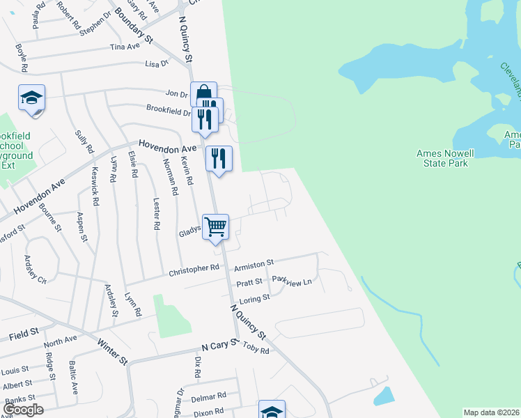 map of restaurants, bars, coffee shops, grocery stores, and more near 117 Tamarack Lane in Abington