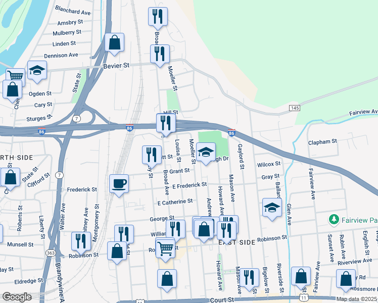 map of restaurants, bars, coffee shops, grocery stores, and more near 86 Louisa St in Binghamton