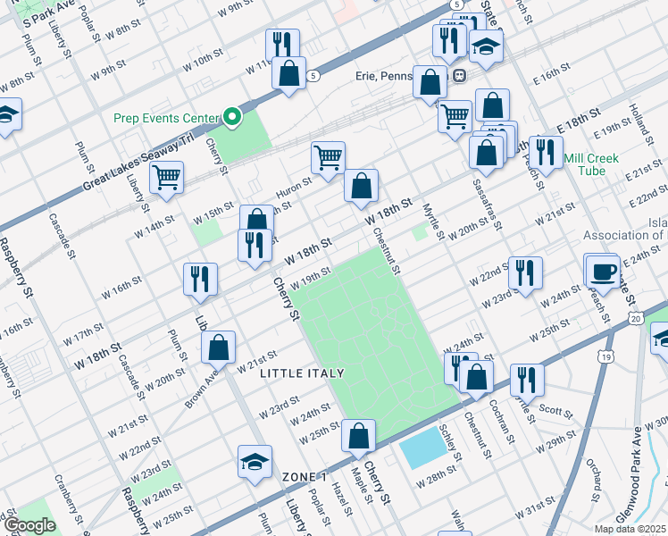 map of restaurants, bars, coffee shops, grocery stores, and more near 429 W 19th St in Erie