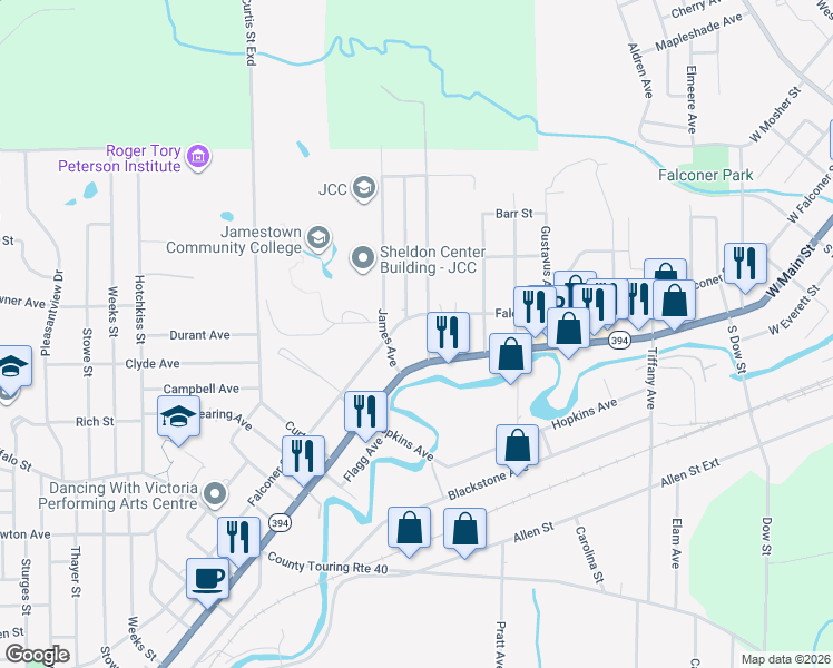map of restaurants, bars, coffee shops, grocery stores, and more near 1267 East 2nd Street in Jamestown