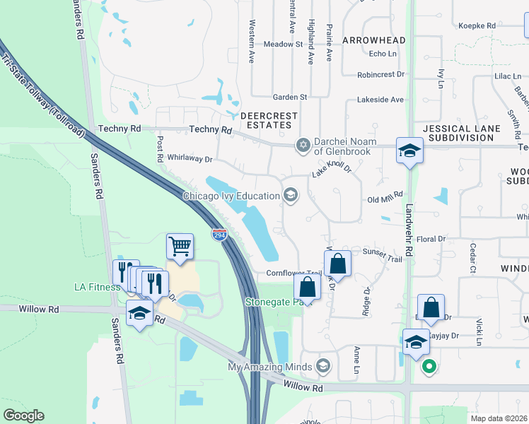 map of restaurants, bars, coffee shops, grocery stores, and more near 3483 Whirlaway Drive in Northbrook