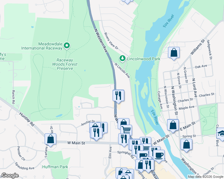map of restaurants, bars, coffee shops, grocery stores, and more near 308 River Bluff Drive in Carpentersville