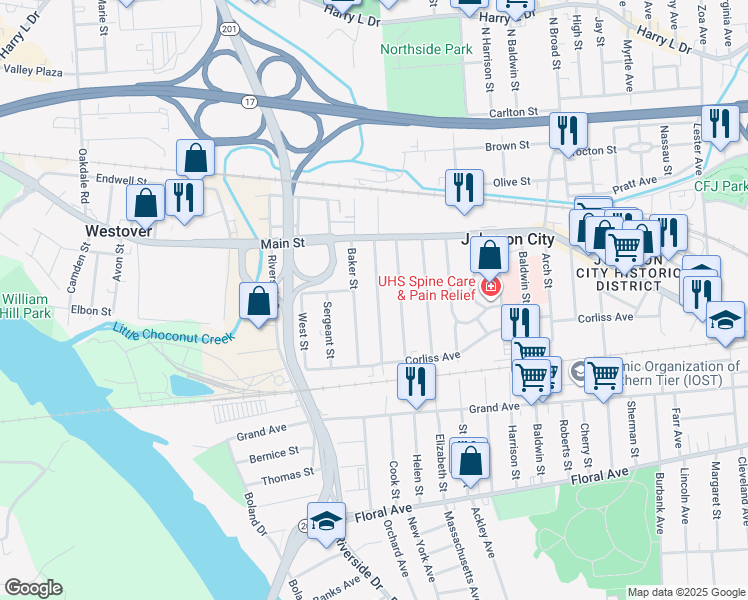 map of restaurants, bars, coffee shops, grocery stores, and more near 42 Crocker Avenue in Johnson City