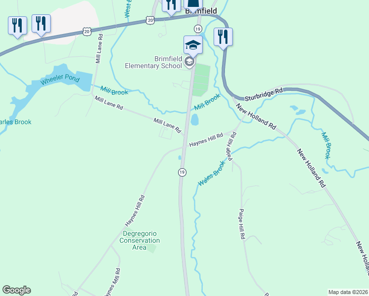 map of restaurants, bars, coffee shops, grocery stores, and more near 50 Wales Road in Brimfield