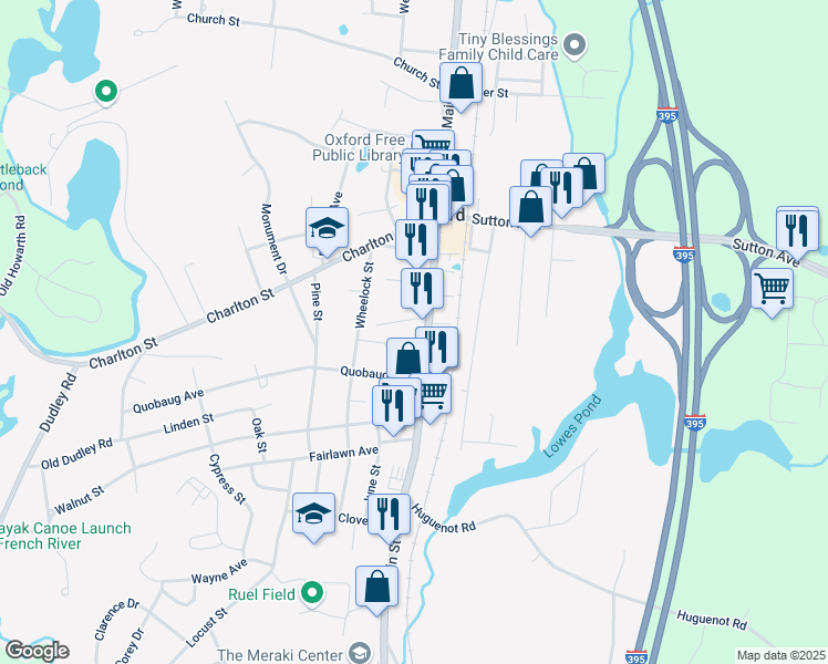 map of restaurants, bars, coffee shops, grocery stores, and more near 266 Main Street in Oxford