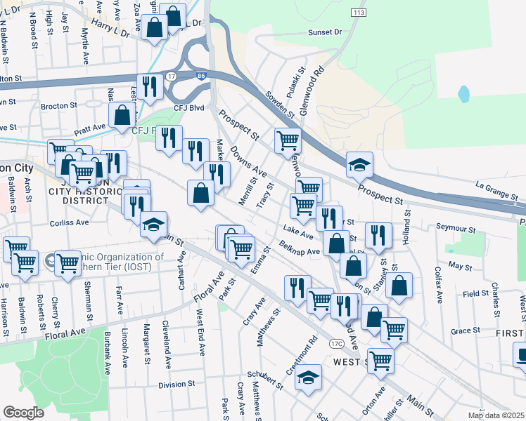 map of restaurants, bars, coffee shops, grocery stores, and more near 50 Lake Avenue in Binghamton