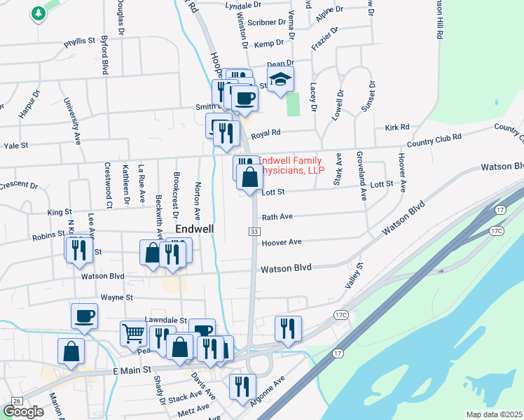map of restaurants, bars, coffee shops, grocery stores, and more near 306 Hooper Road in Endicott