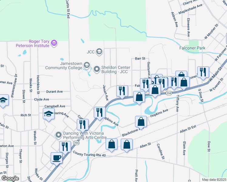 map of restaurants, bars, coffee shops, grocery stores, and more near 1267 East 2nd Street in Jamestown