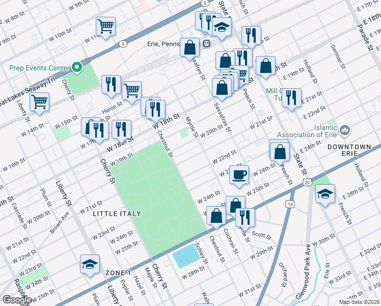 map of restaurants, bars, coffee shops, grocery stores, and more near 321 West 20th Street in Erie