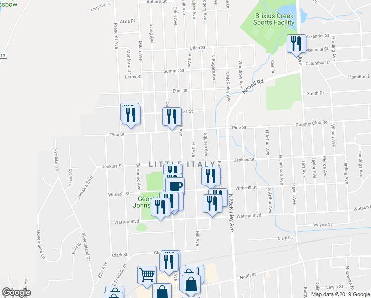 map of restaurants, bars, coffee shops, grocery stores, and more near 314 Odell Avenue in Endicott