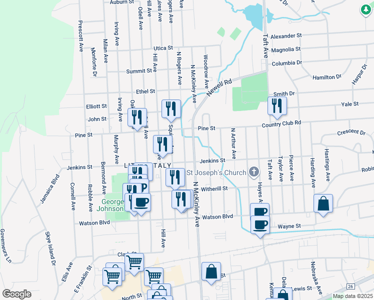 map of restaurants, bars, coffee shops, grocery stores, and more near 317 North McKinley Avenue in Endicott