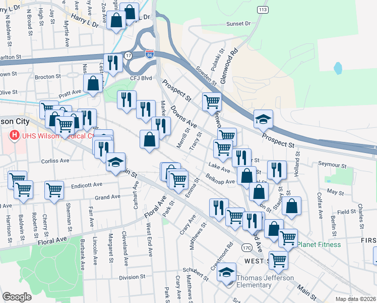 map of restaurants, bars, coffee shops, grocery stores, and more near 50 Lake Avenue in Binghamton