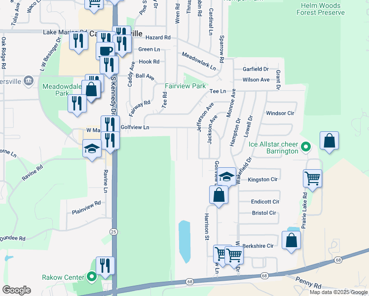 map of restaurants, bars, coffee shops, grocery stores, and more near 409 Hoover Drive in Carpentersville