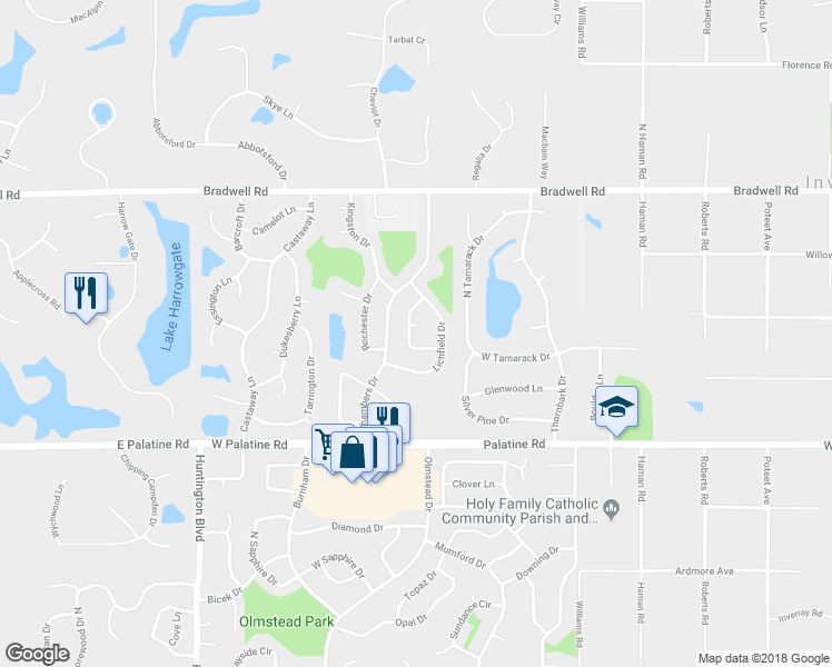 map of restaurants, bars, coffee shops, grocery stores, and more near 4977 Somerton Drive in Hoffman Estates