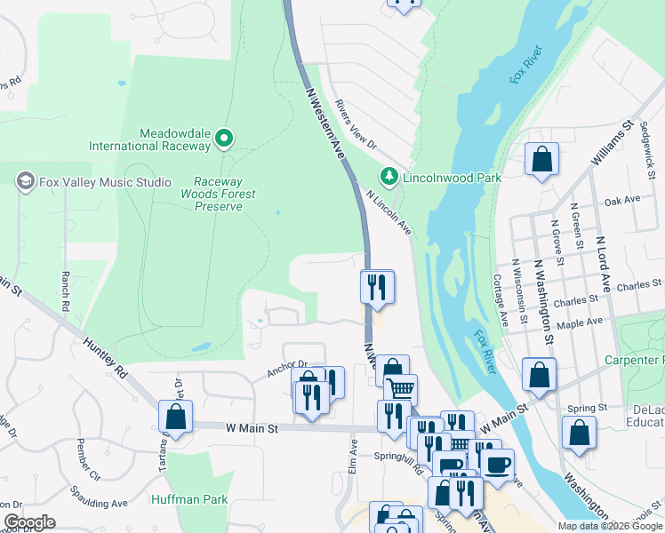 map of restaurants, bars, coffee shops, grocery stores, and more near 403 River Bluff Drive in Carpentersville