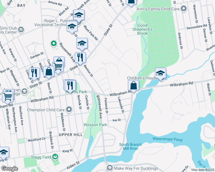 map of restaurants, bars, coffee shops, grocery stores, and more near 28 Providence Street in Springfield