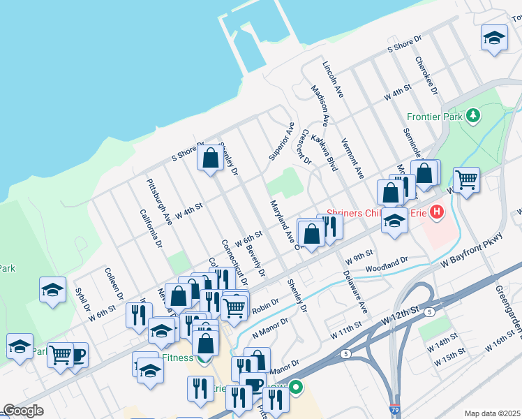 map of restaurants, bars, coffee shops, grocery stores, and more near 509 Shenley Drive in Erie
