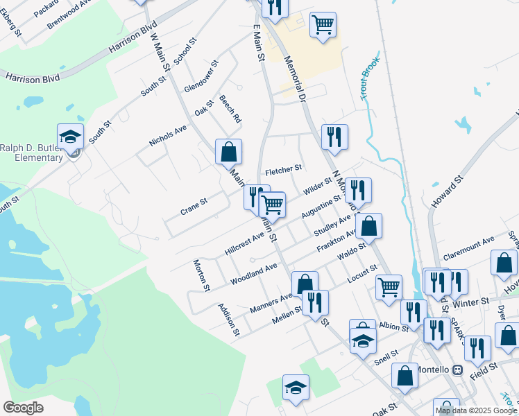 map of restaurants, bars, coffee shops, grocery stores, and more near East Main Street in Brockton