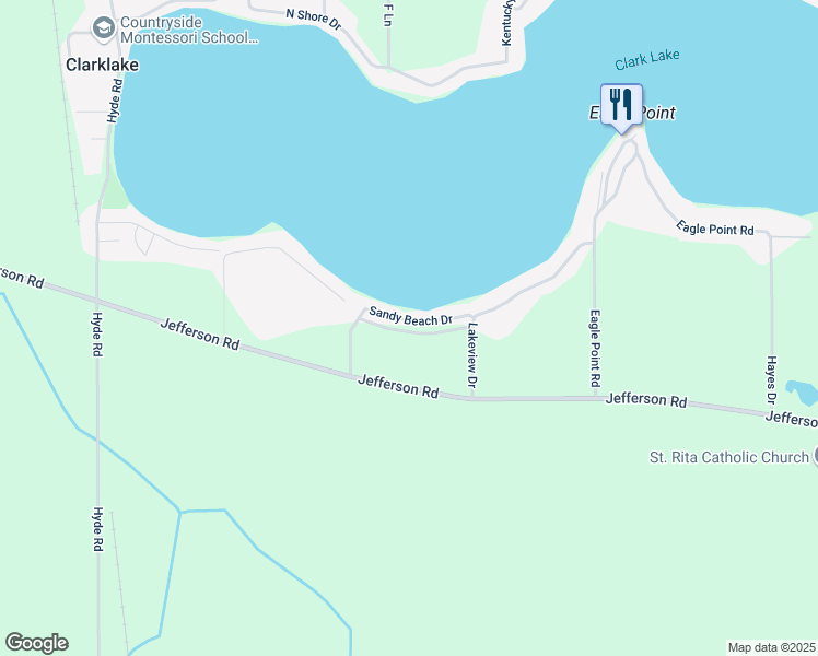 map of restaurants, bars, coffee shops, grocery stores, and more near 600 Sandy Beach Drive in Clarklake