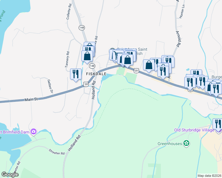 map of restaurants, bars, coffee shops, grocery stores, and more near 9 Holland Road in Sturbridge