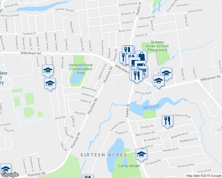 map of restaurants, bars, coffee shops, grocery stores, and more near 1553 Plumtree Road in Springfield