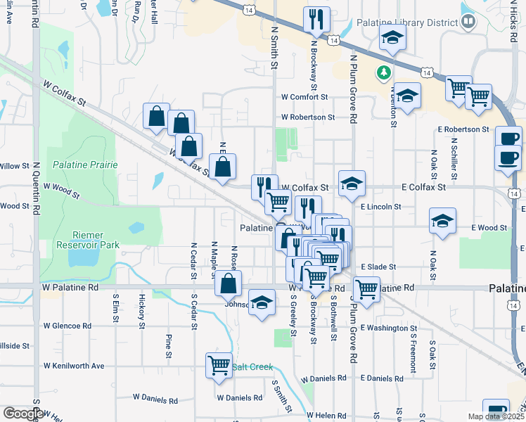 map of restaurants, bars, coffee shops, grocery stores, and more near 137 West Wood Street in Palatine
