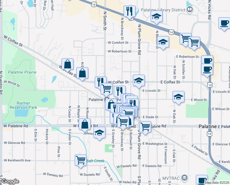 map of restaurants, bars, coffee shops, grocery stores, and more near 206 North Brockway Street in Palatine