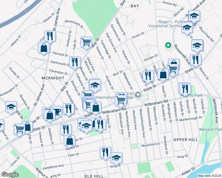 map of restaurants, bars, coffee shops, grocery stores, and more near 66 Andrew Street in Springfield